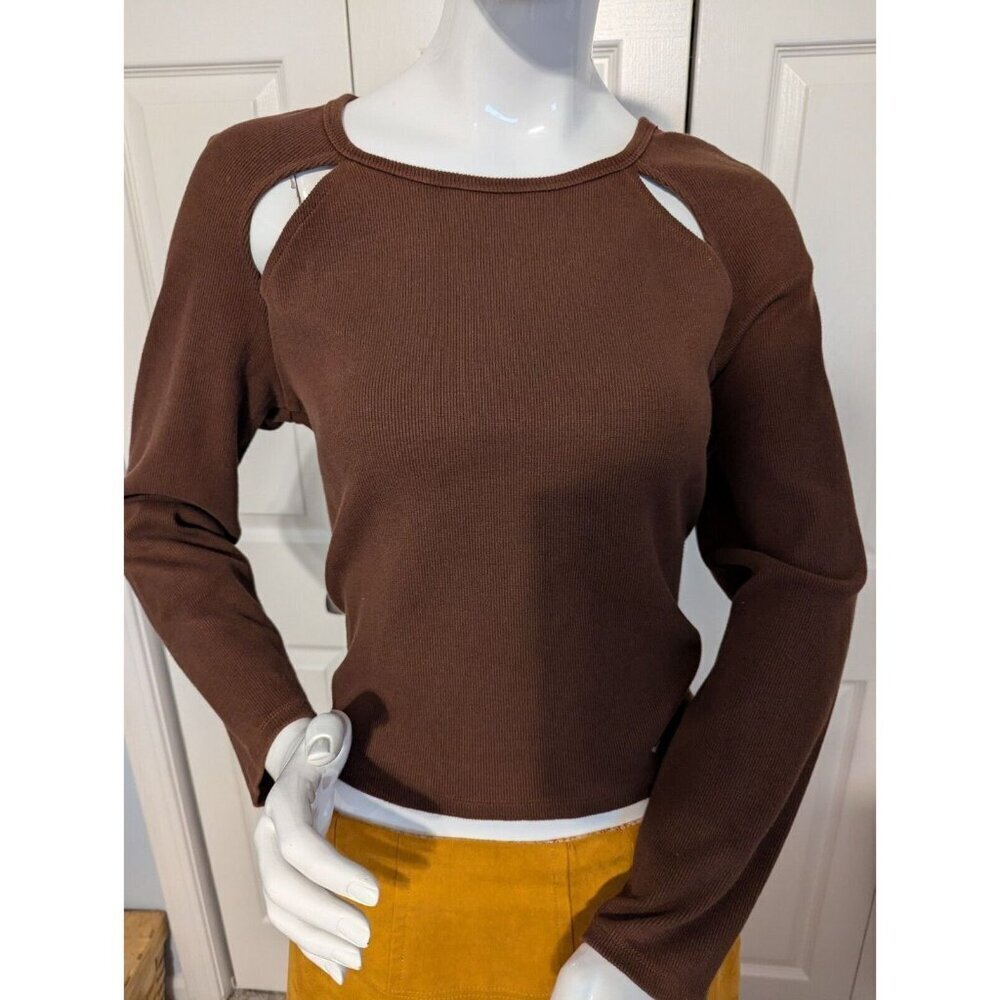 ANTHROPOLOGIE XL long sleeve brown cotton, stretchy ribbed shirt with cutouts
